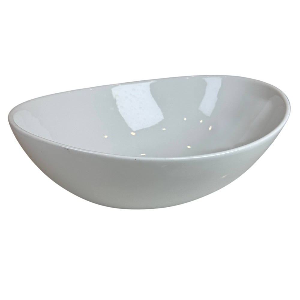 Simple Dining White Ceramic Oval Serving Bowl Asymmetrical Swoop Rim 11.5 Inch